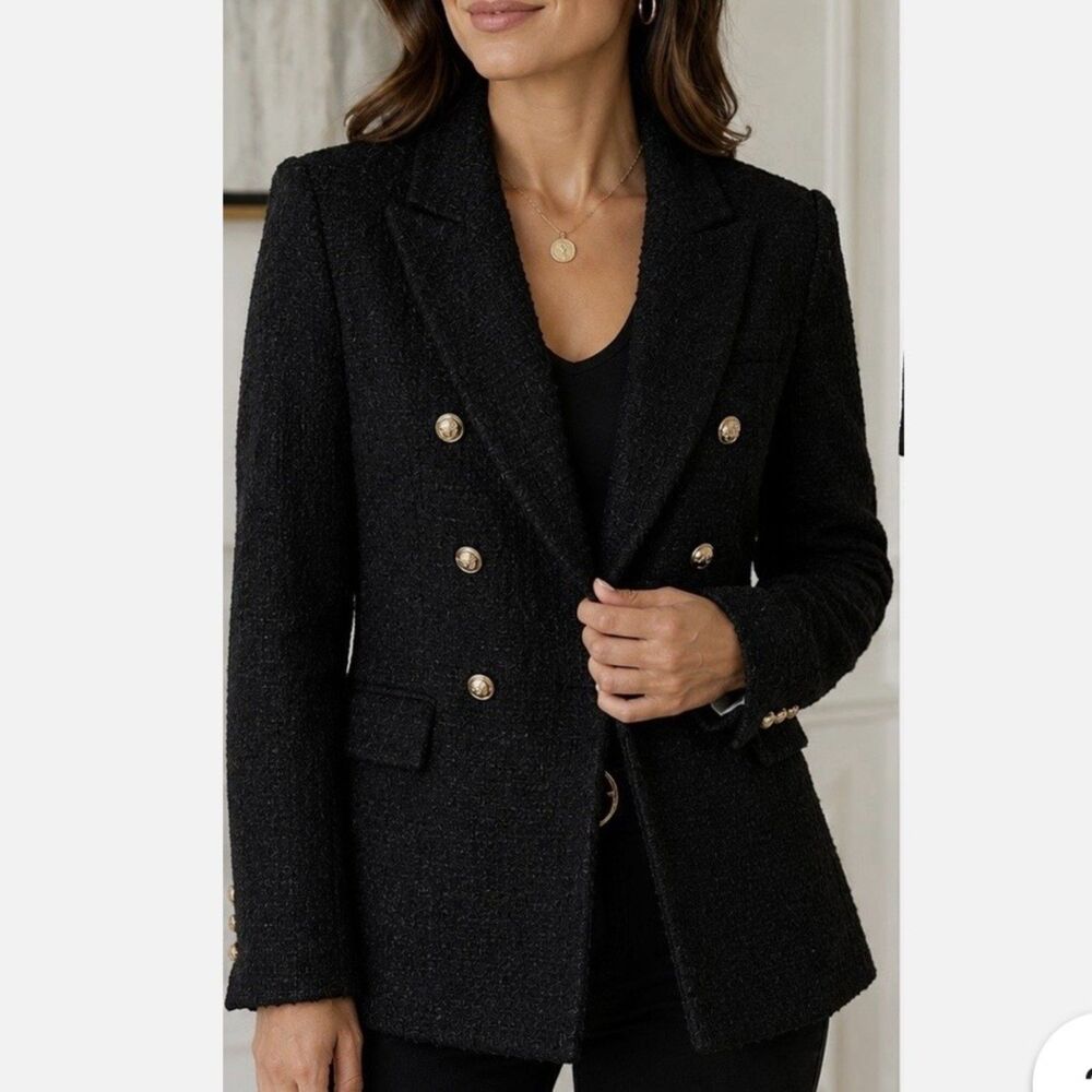 Zara Black Tweed Boucle Blazer gold buttons military academia sz small